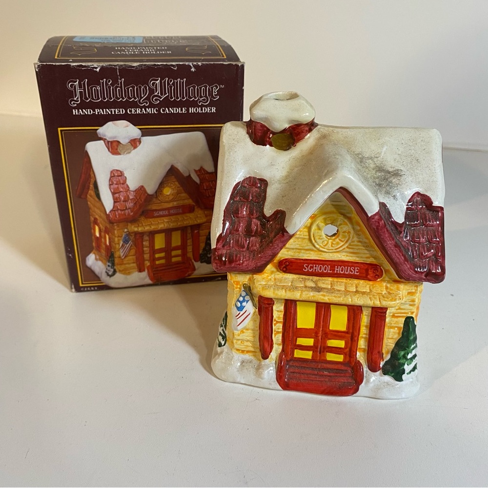 Holiday Village Hand Painted Ceramics School House Candle Holder Christmas